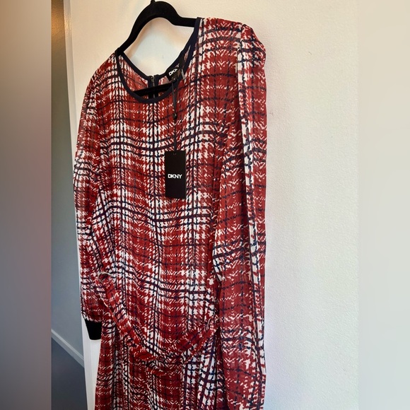 DKNY Dress NWT in Red, White and Navy with Tie Front and Long Sleeves - Picture 3 of 8